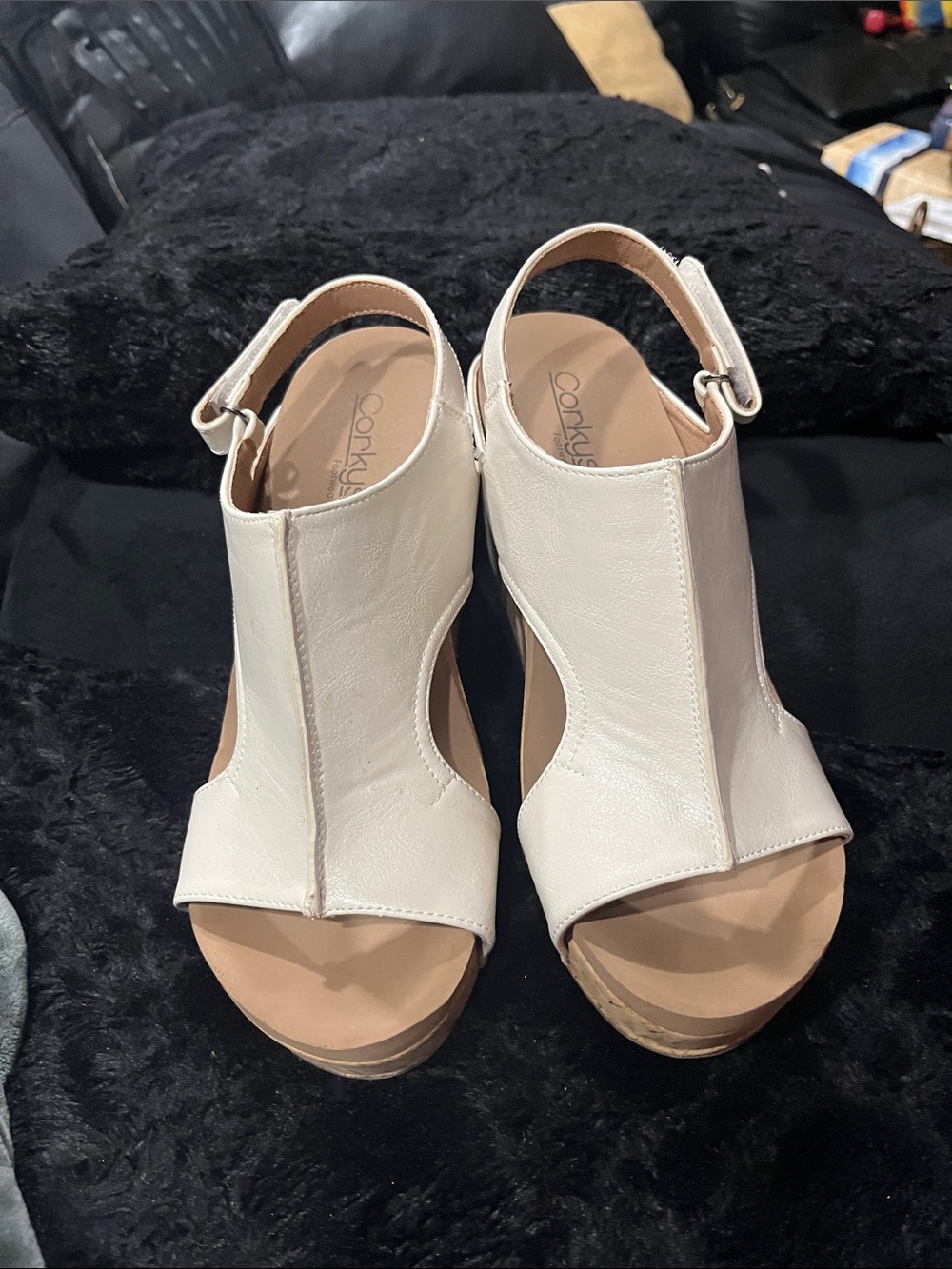 Corkys Cream Open-Toe Slingback Platform Wedges (SZ.9)